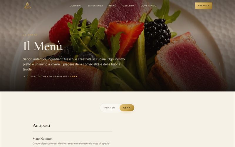 Concept di sito per il ristorante ÆVO: menu digitale