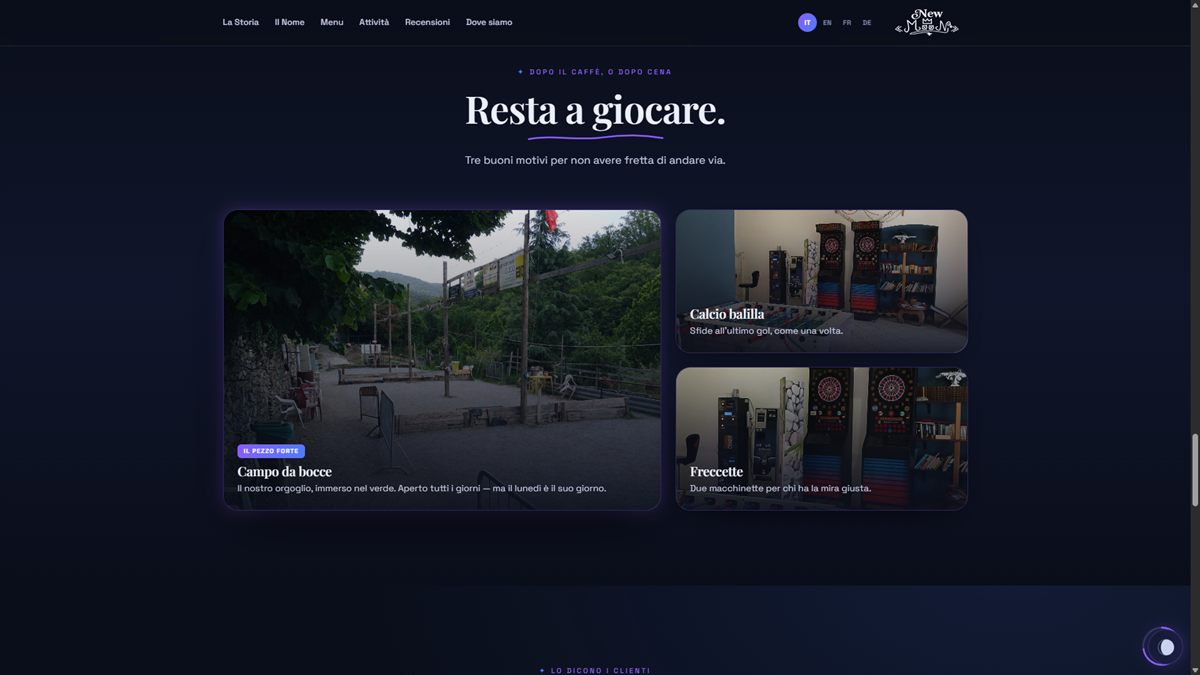 Sezione attività del sito: campo da bocce, calcio balilla e freccette