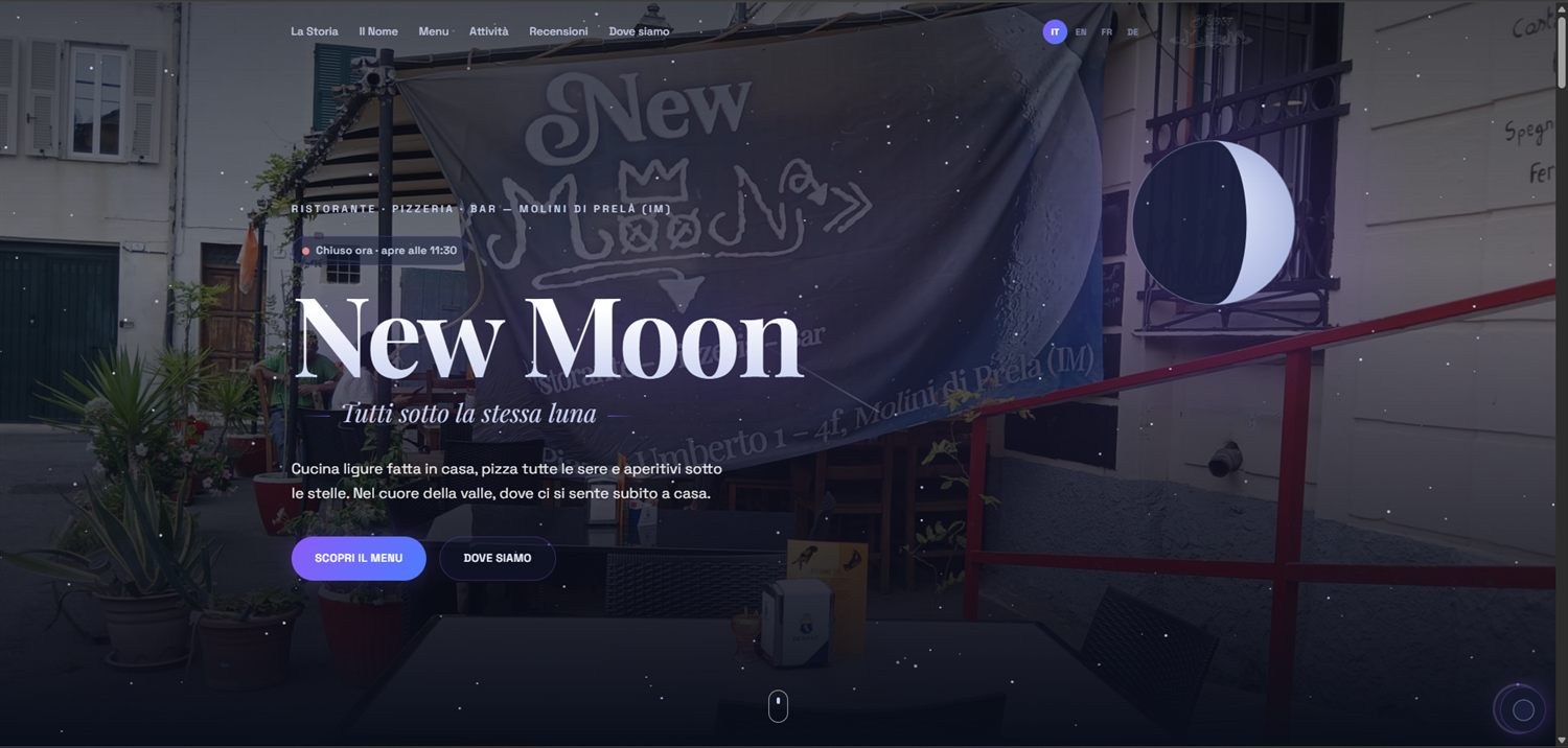 Homepage del sito di New Moon, ristorante e pizzeria a Molini di Prelà