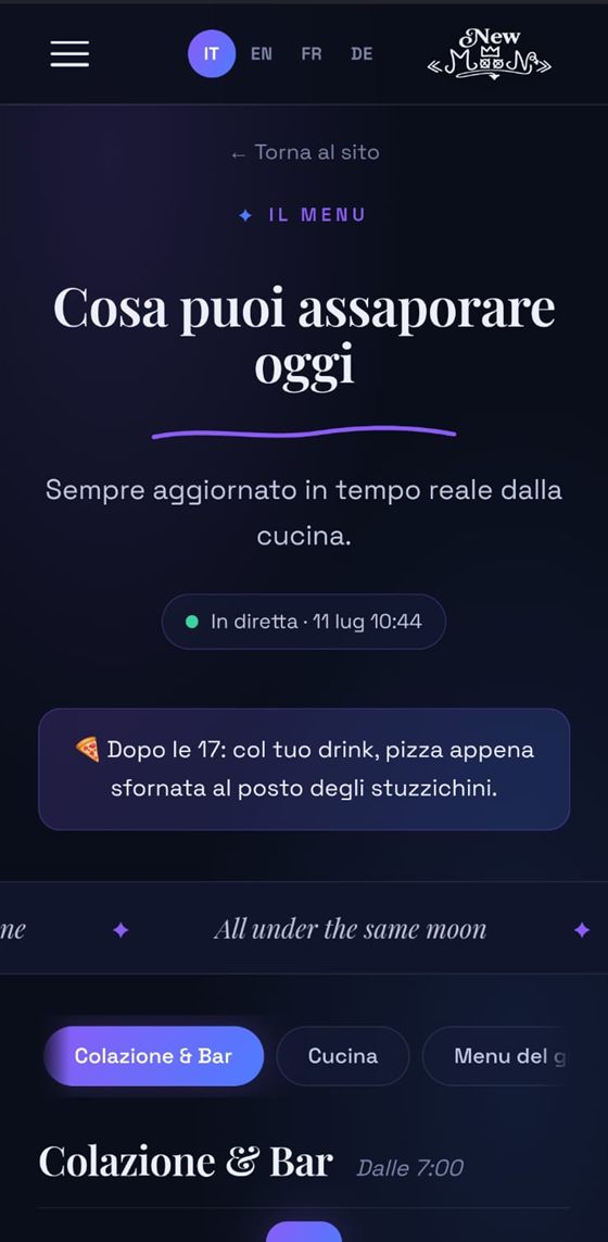Versione mobile del sito New Moon: menu digitale in tempo reale