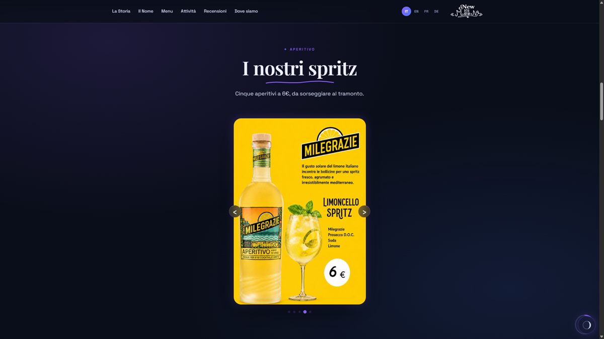 Sezione aperitivi «I nostri spritz» del sito New Moon